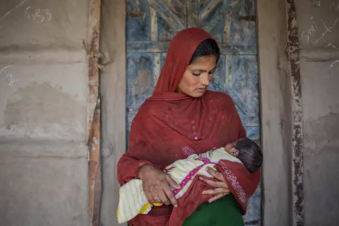 Rozan with her 1-week-old son Zameer on February 28, 2024 in Thatta, Sindh, Pakistan.  