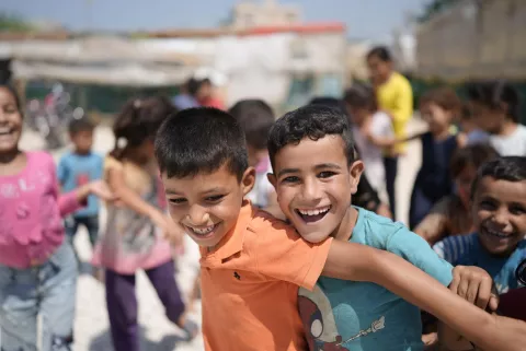 ight-year-old Hussein and nine-year-old Issa playing during UNICEF visit to Zouq Bhannine 091 informal settlement in northern Lebanon on 5 August 2021.