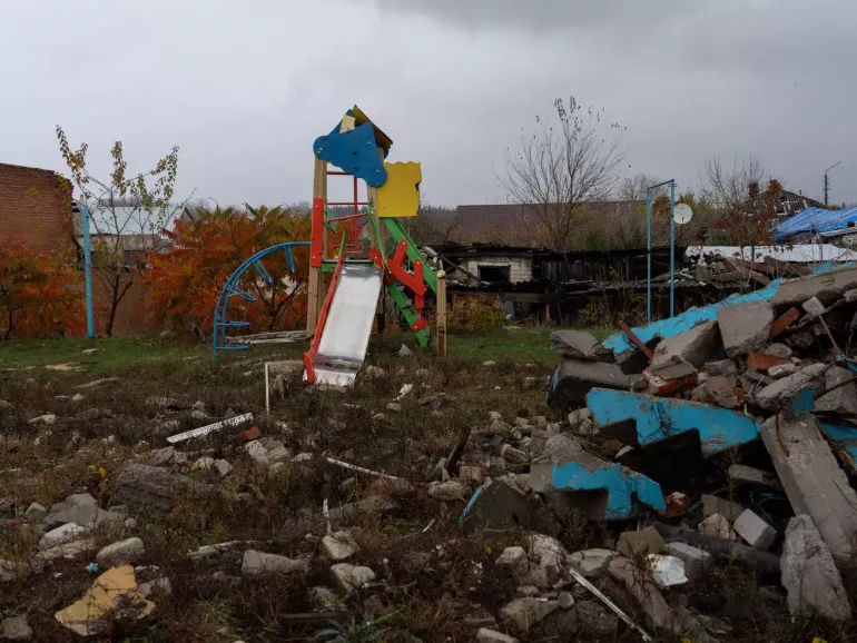 A playground, damaged by shelling, Izium, Kharkivska Oblast, Ukraine October 29, 2023.