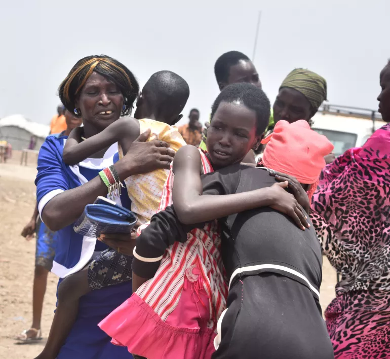 Tears of happiness when Emmanuela* 36, met her children in Bentiu Protection of Civilian (POC) site after five years of separation on 16 April 2019.