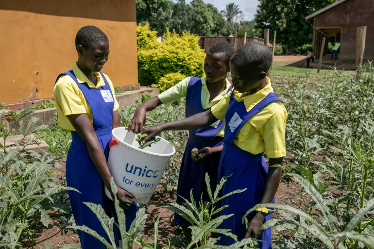 Salwa, Josephine and Sida collecting okra from the school’s vegetable garden in Yambio, South Sudan.