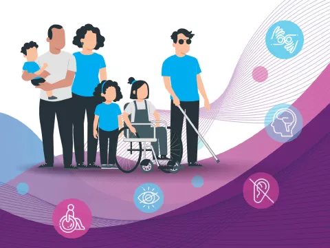 An illustration of a grop of people. There are a father, who is holding a baby, and a mother. There are also a girl who is in a wheelchair, and a boy who is walking with a cane, showing that he is blind. The background is purple with a wave pattern and has icons of a brain, an eye, an ear, and a wheelchair. The image conveys the idea of inclusivity and accessibility for people with disabilities.