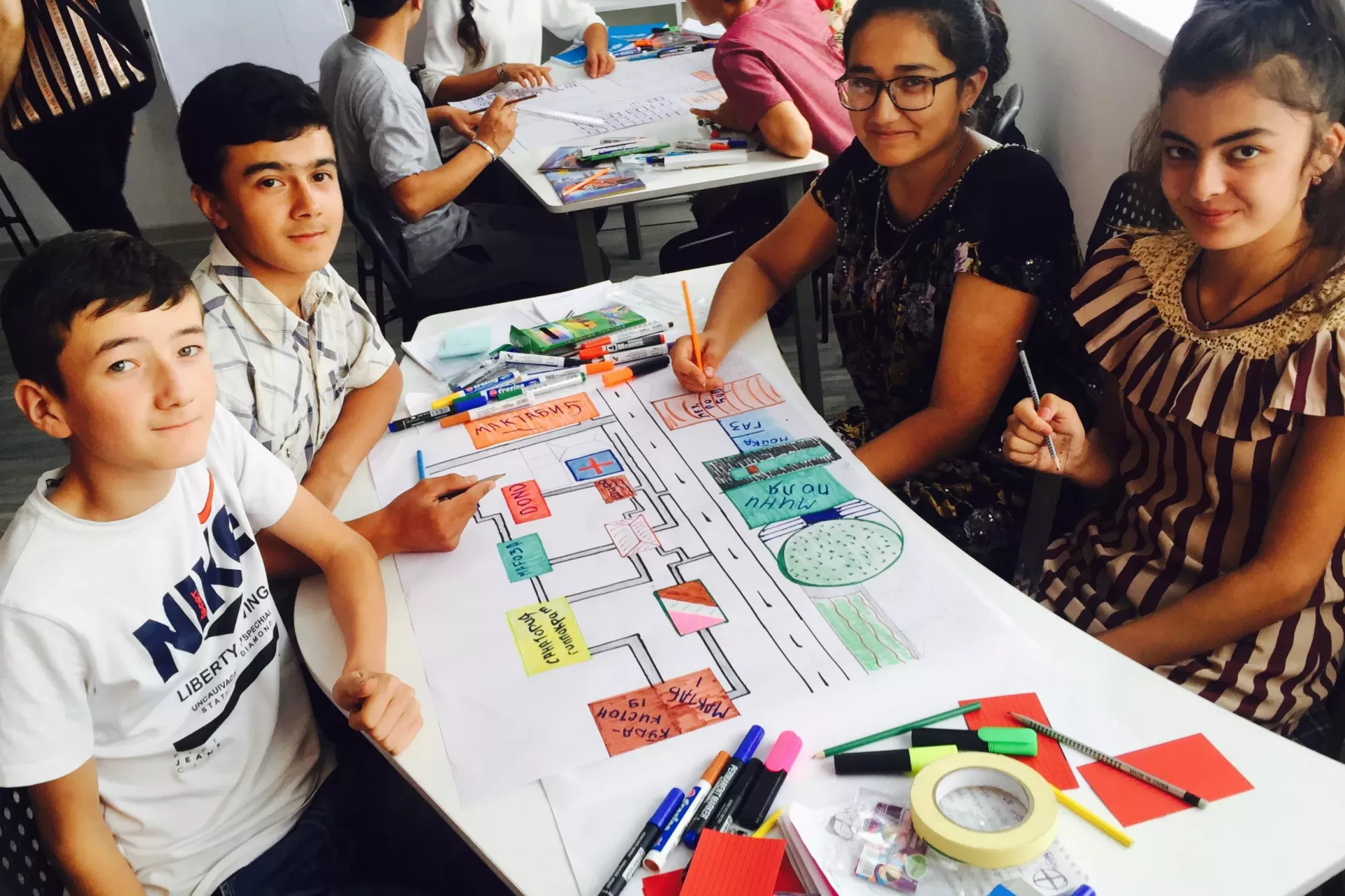 Two adolescent boys and two adolescent girls are sitting around a table covered with a large, colorful hand-drawn map. They are looking up at the camer and smiling.