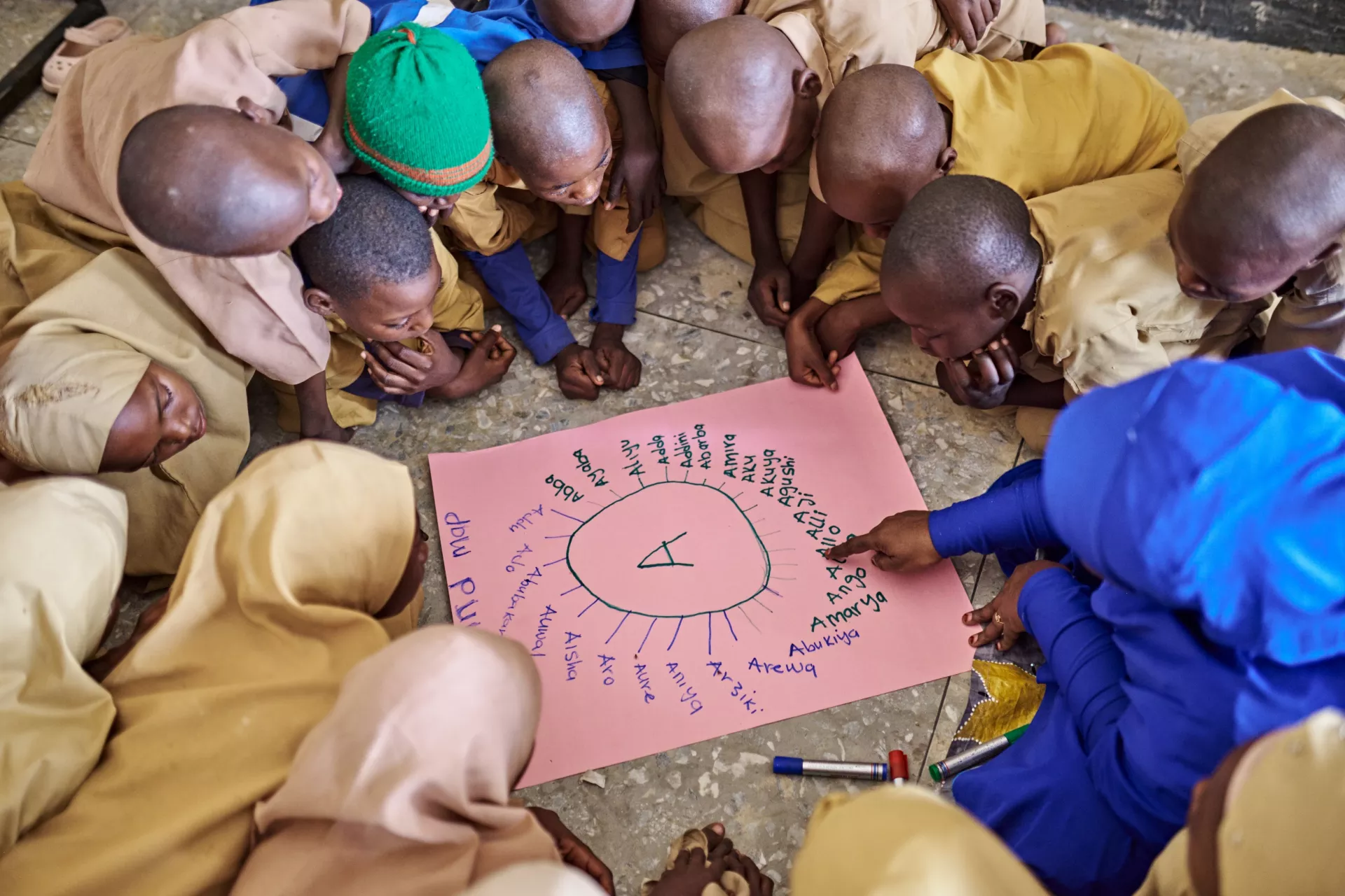 looking from above at a group of children who are bending over to look at a poster on the floor between them
