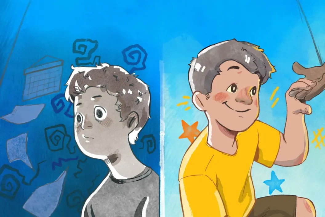 Split illustration: gray, confused boy with question marks contrasts with bright, smiling boy in yellow and stars.