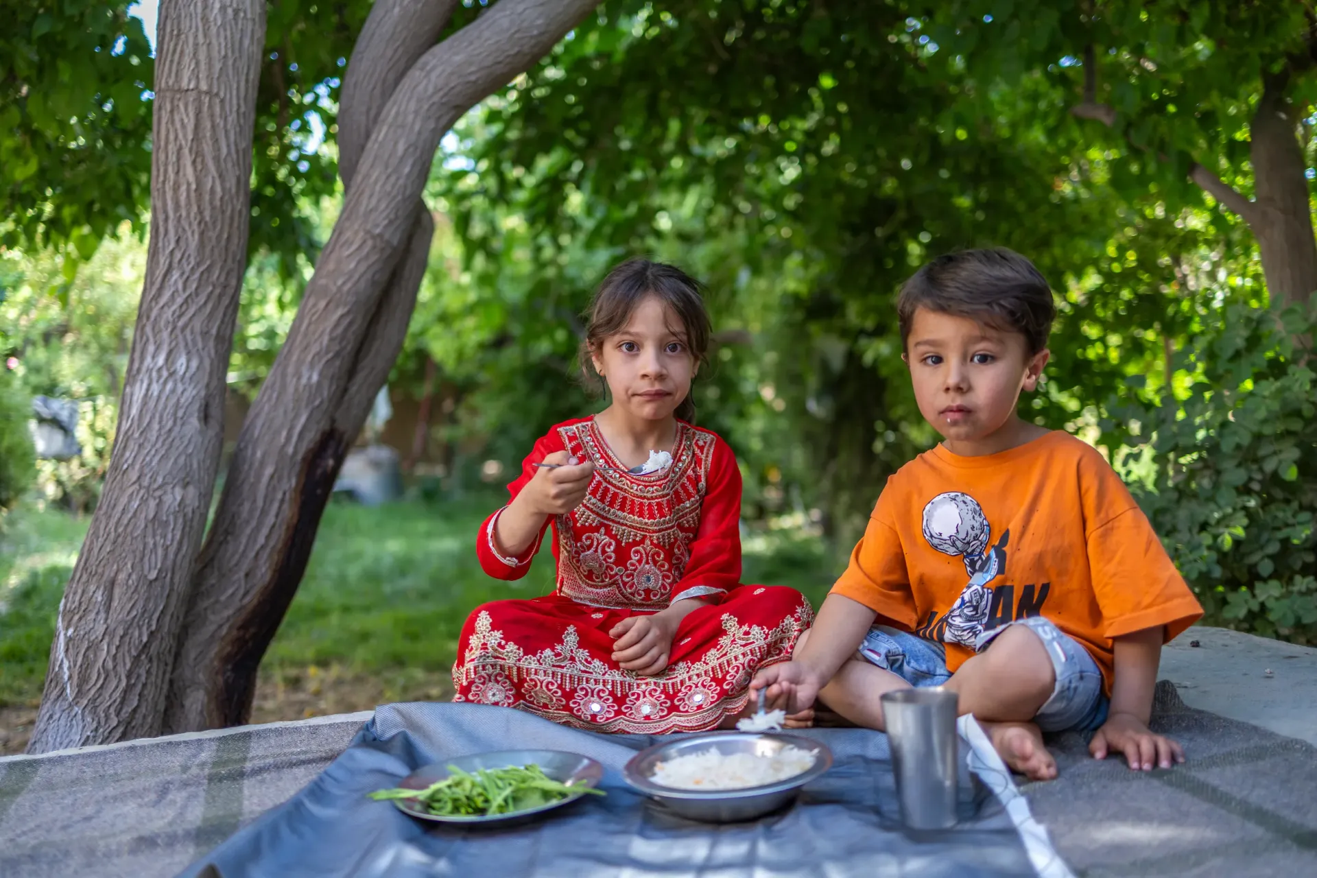 Roeen and Zainab eat rice and vegetables together during lunch at home.