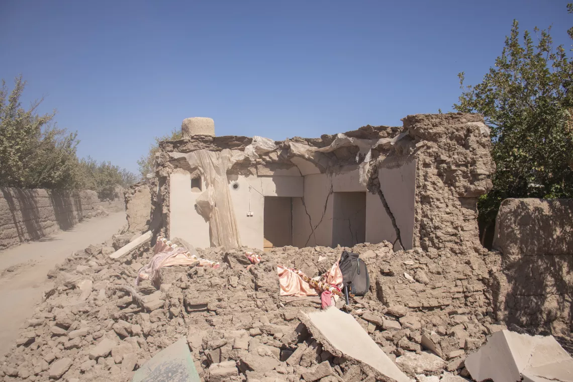 On 9 October 2023, homes sit destroyed from the earthquake 2 days prior in Zinda Jan district, Herat Province, Afghanistan.