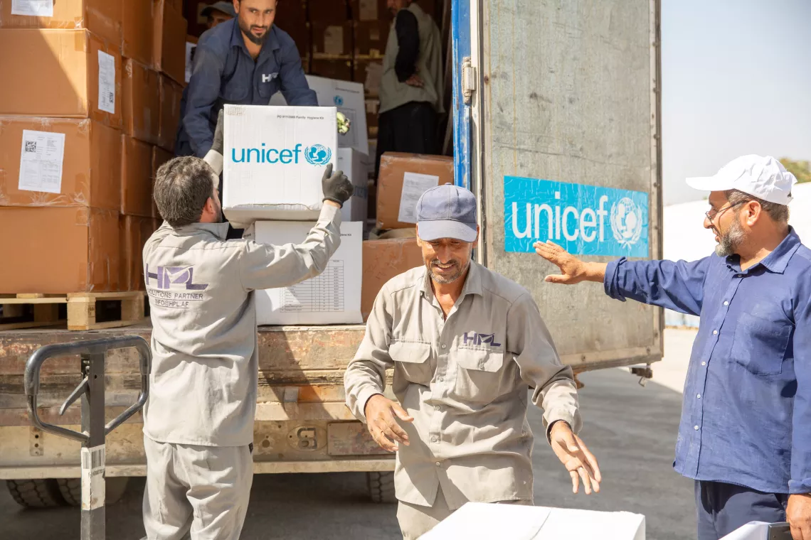 On 8 October 2023, UNICEF prepares to dispatch thousands of hygiene kits from warehouses in Kabul to earthquake affected villages in Herat province, Afghanistan. 