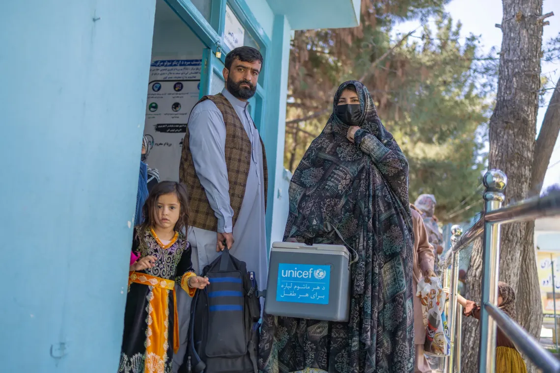 Omid (30) and Nadia (29) the outreach vaccinators are ready to leave for the vaccination site after having carefully planned their immunization visit with organized vaccine supplies.