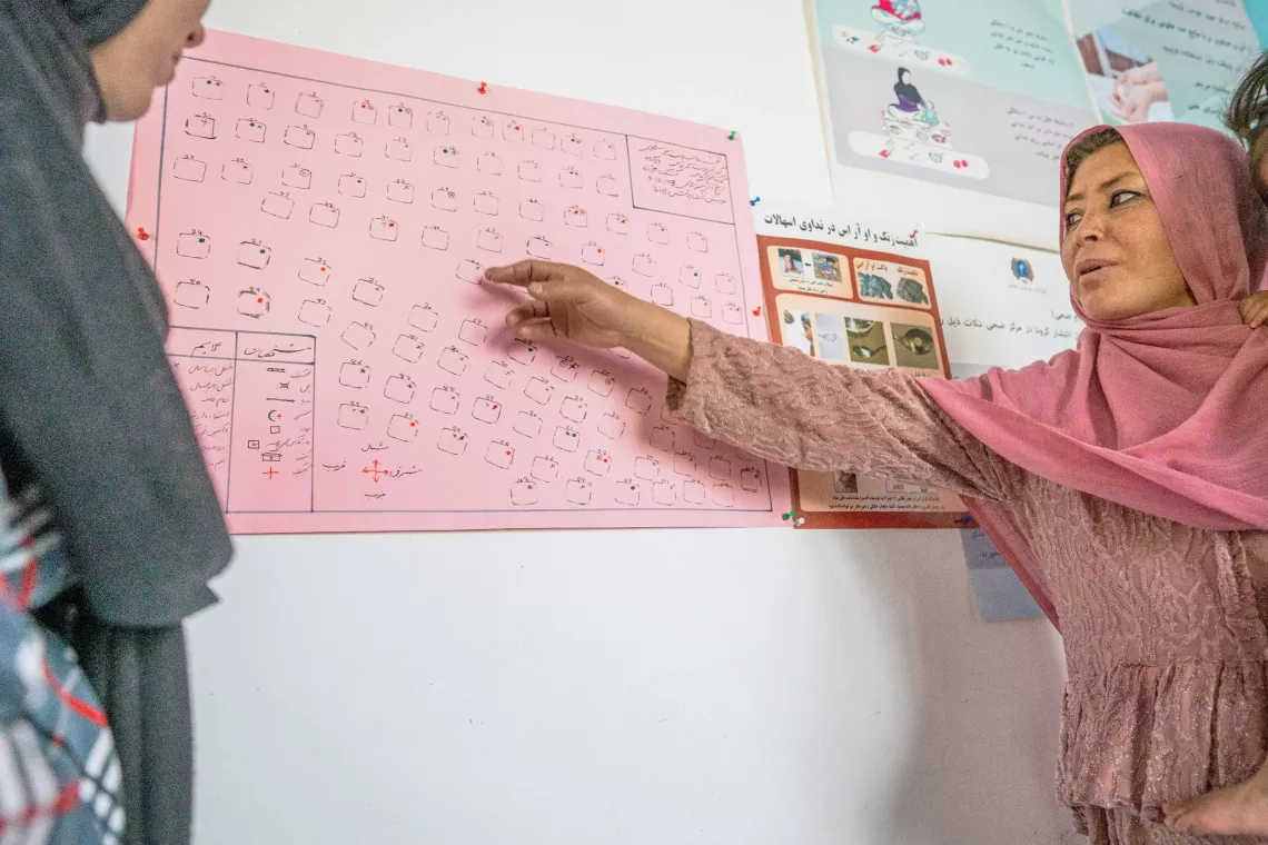 On the 21st October 2024, Sakina (on right), a UNICEF-supported community health worker, points to a map she has designed showing the location of her patients in&nbsp;Shahfoladi&nbsp;village&nbsp;in Bamiyan Province, central Afghanistan.
