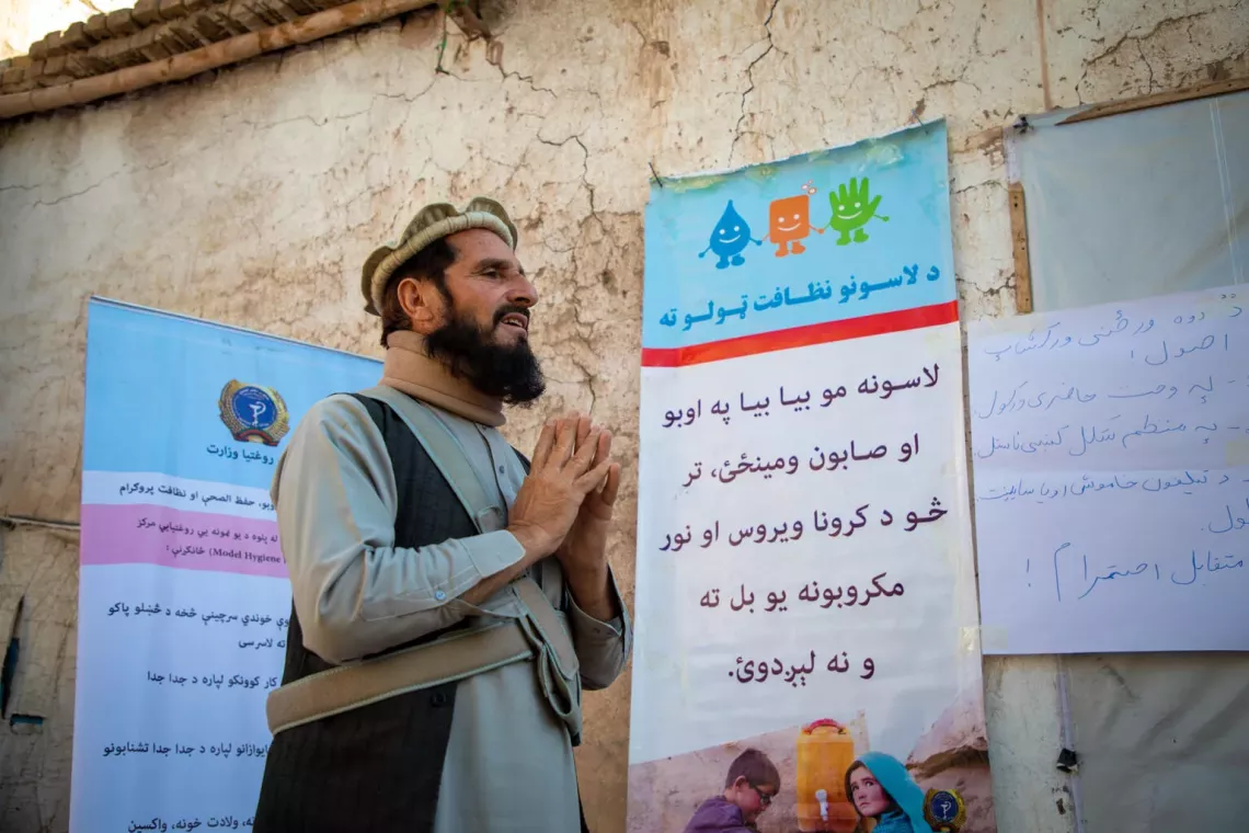 On 17 November 2024, Ghaus Al-Ahmad Quraishi, 49, a CLTS facilitator is photographed as he leads a triggering session in Sheikh Mesri village, Sorkhrod district, Nangarhar province, Afghanistan.
