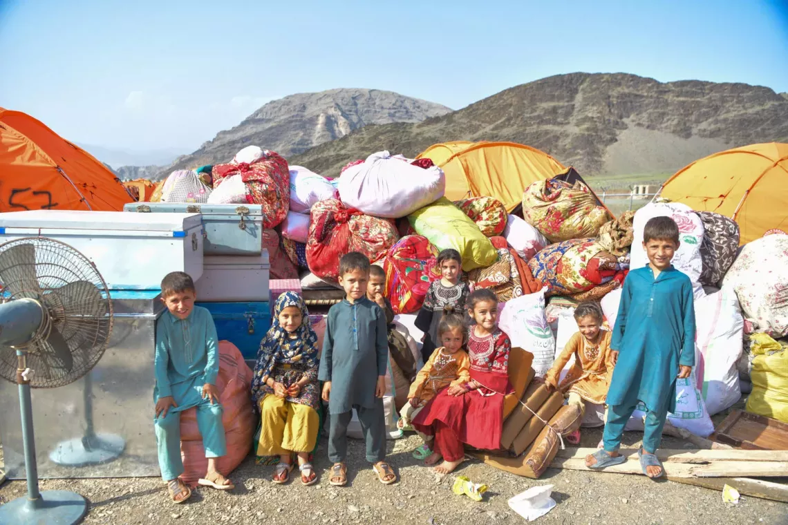 On 20 April 2025, at Afghanistan's eastern Torkham border with Pakistan, families rest at the Omari Camp reception centre, where they receive supportive services from UNICEF and other UN agencies before relocating to their permanent homes in Afghanistan. Each day, thousands of people cross the Torkham border into Afghanistan, with some days seeing as many as 8,000 people returning. Up to around half of these are children, with many separated from families or caregivers.