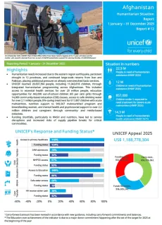 well as UNICEF&rsquo;s extensive 1 Carry-forward amount has been revised in accordance with new guidance, including carry forward commitments and balances. * The Education over-achievement of the indicator is due to a major donor commitment happening after the set of the target for 2025 at the beginning of the year Reporting Period: 1 January &ndash; 31 December 2025 Afghanistan Humanitarian Situation Report 1 January &ndash; 31 December 2025 Report # 12 Situation in numbers 22.9 M People in need of humanitarian assistance 