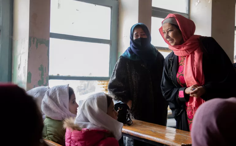 On 5 December 2023, Raffaella Iodice, European Union Charg&eacute;e d&rsquo;Affaires a.i. to Afghanistan, visits girls in a primary school in Kabul, Afghanistan.