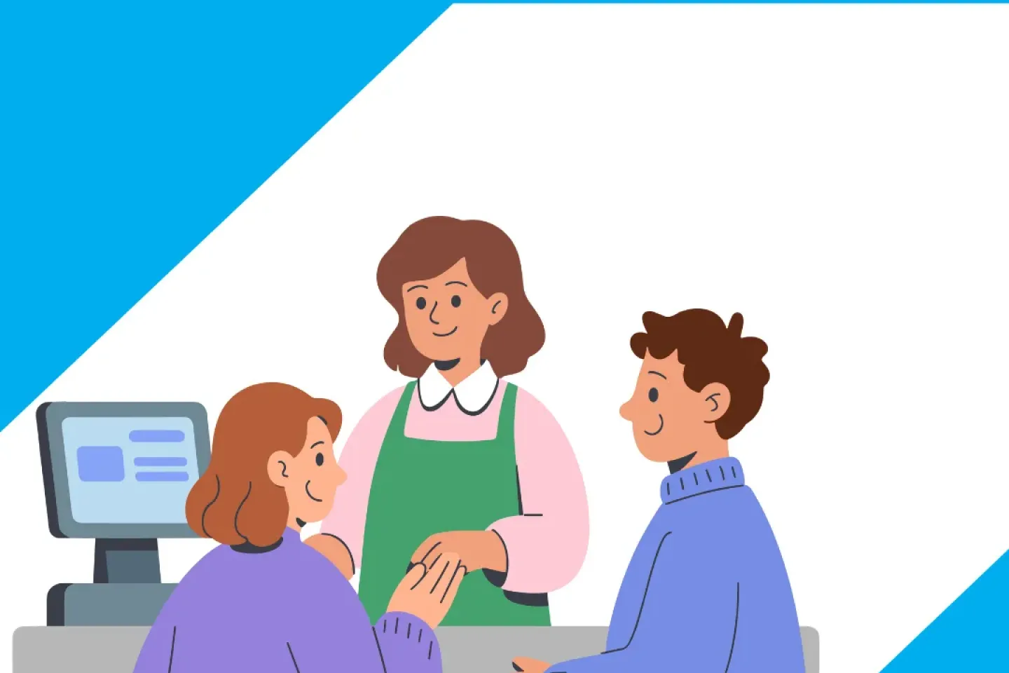 animated figures depicting an interaction between customers and a cashier at a shop