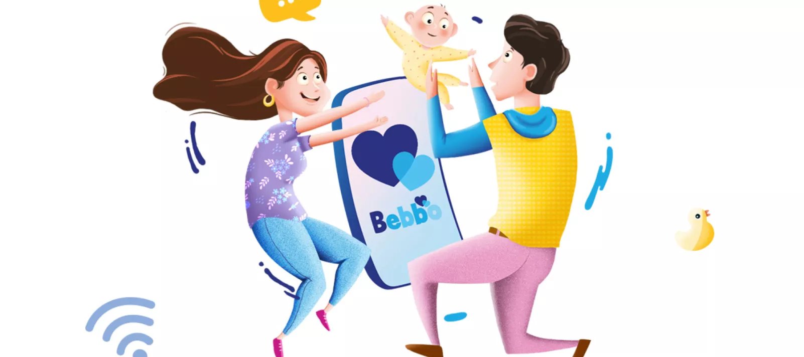 Graphic with two parents, a baby and a smartphone dancing