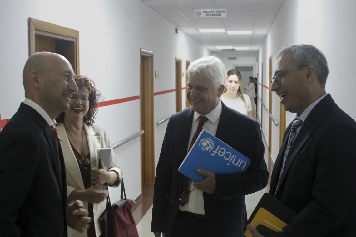UNICEF Albania's Representative and UNICEF's Regional Director in a discussion with staff and EU representative