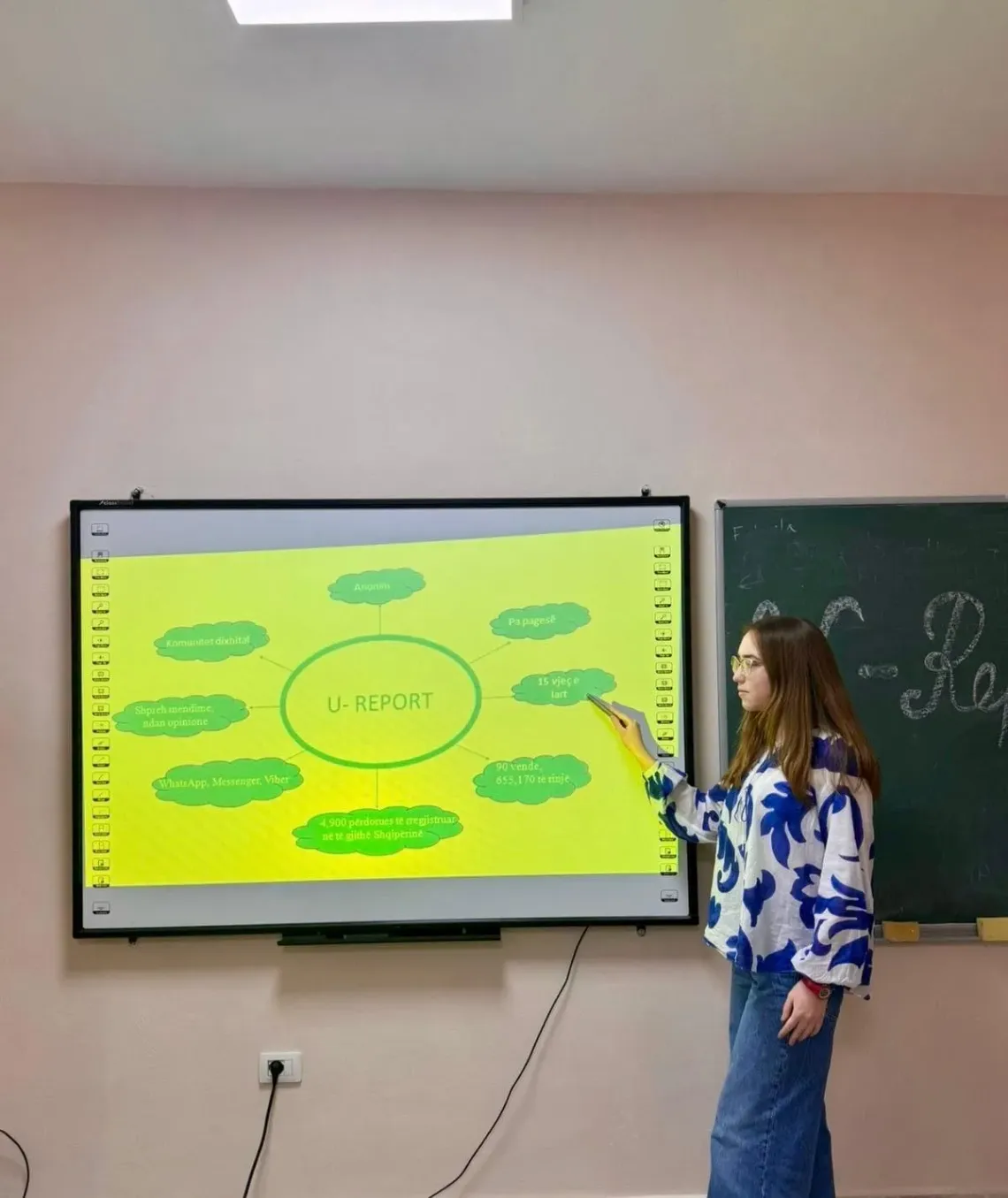 Amelia presenting something on the projector in her classroom
