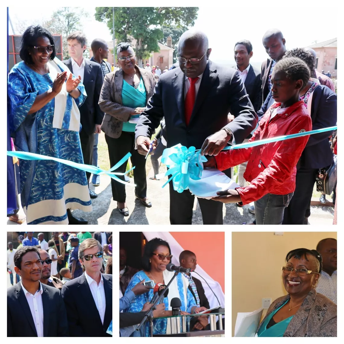 O momento do corte de fita do CASI da Damba pelo Governador da Provincia do U&iacute;ge, Mpinda Sim&atilde;o (em cima); o Representante do UNICEF Angola, Abubacar Sultan, com o Chefe de Coopera&ccedil;&atilde;o da Uni&atilde;o Europeia, Ramon Reigada (em baixo, &agrave; esquerda); a Ministra do MASFAMU, Vict&oacute;ria Correia da Concei&ccedil;&atilde;o (em baixo no centro); e a ponto focal do projecto APROSOC &ndash; Apoio &agrave; Protec&ccedil;&atilde;o Social em Angola, Dra. Ana Teresinha (embaixo, &agrave; direita).