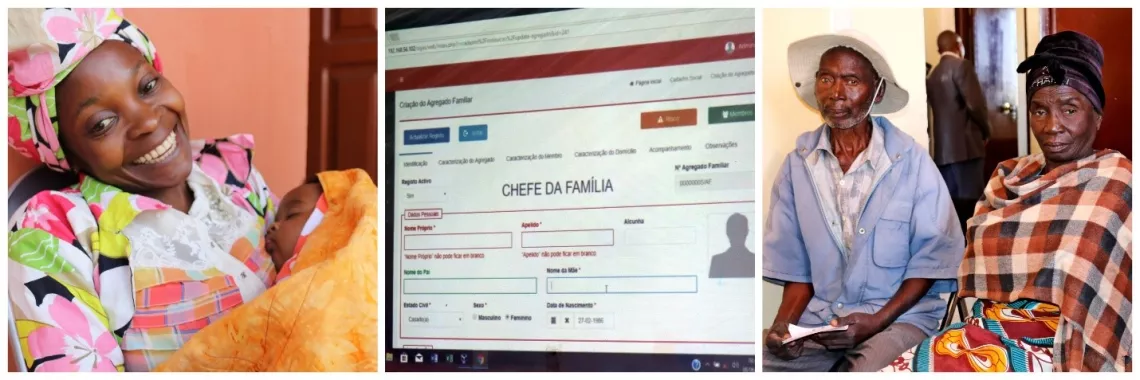 As primeiras fam&iacute;lias (Damba e Lucusse, respectivamente) a serem registadas no Sistema de Informa&ccedil;&atilde;o e Gest&atilde;o da Ac&ccedil;&atilde;o Social (no centro, uma ficha de registo) 