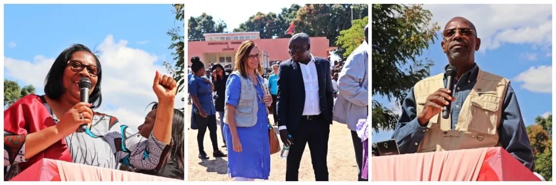 A Ministra da Ac&ccedil;&atilde;o Social, Fam&iacute;lia e Promo&ccedil;&atilde;o da Mulher, Vict&oacute;ria Correia da Concei&ccedil;&atilde;o, &agrave; esquerda; ao centro, a Representante Adjunta do UNICEF, Patr&iacute;cia Portela de Souza, com o Gestor de Projectos da Uni&atilde;o Europeia, Daniel Kamalandua; e &agrave; direita, o Governador Provincial do Moxico, Gon&ccedil;alves Muandumba