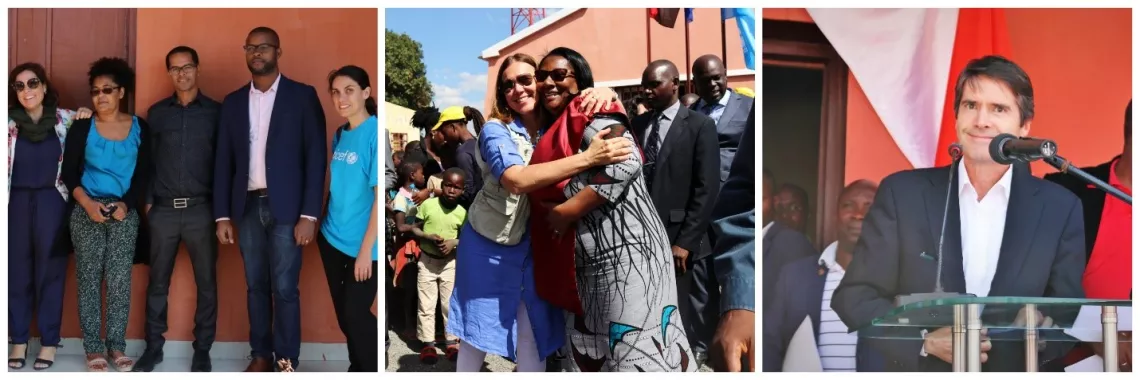 Uma parte da equipa intersectorial do MASFAMU, Louis Berger e UNICEF (&agrave; esquerda), a Ministra da Ac&ccedil;&atilde;o Social, Fam&iacute;lia e Promo&ccedil;&atilde;o da Mulher, Vict&oacute;ria Correia da Concei&ccedil;&atilde;o, com a Representante Adjunta do UNICEF Angola, Patricia Portela de Souza (no centro); e o Chefe de Coopera&ccedil;&atilde;o da Uni&atilde;o Europeia, Ramon Reigada (&agrave; direita).