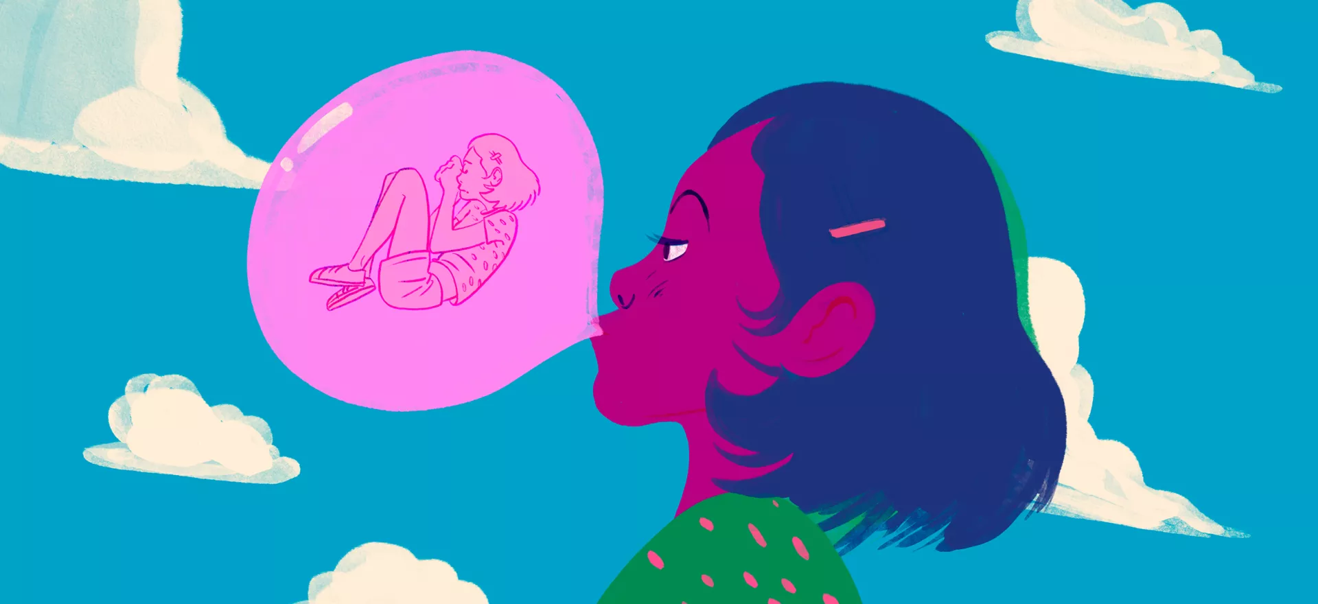 Ilustraci&oacute;n de una chica que hace un globo con un chicle donde se la ve angustiada.