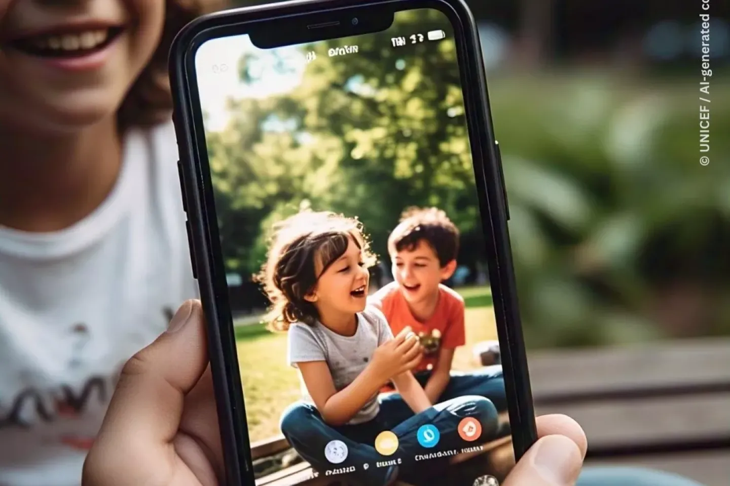 Una persona sostiene un celular cuya pantalla muestra la imagen de una nena y un nene riendo en un jard&iacute;n.