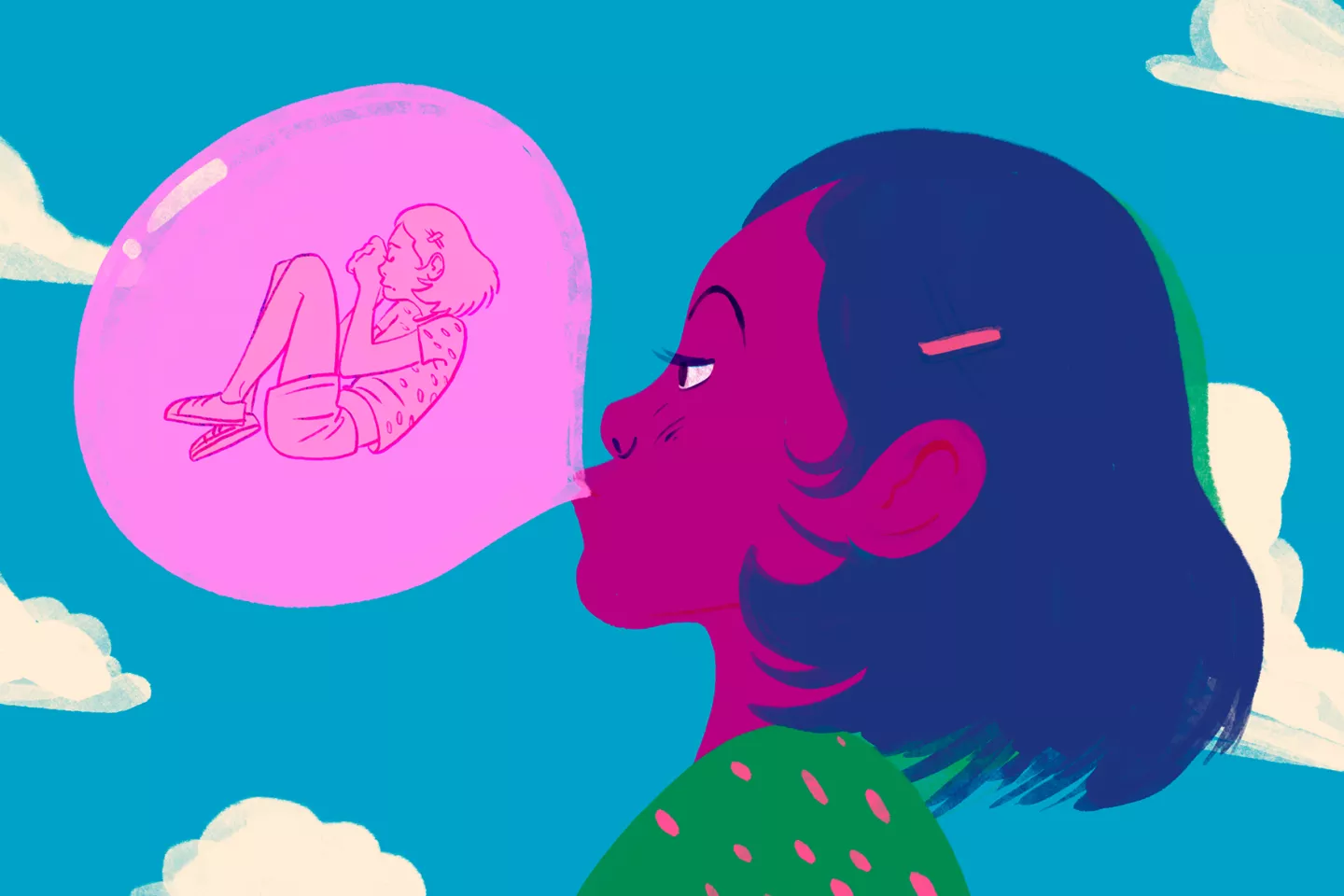 Ilustraci&oacute;n de una chica que hace un globo con un chicle donde se la ve angustiada.