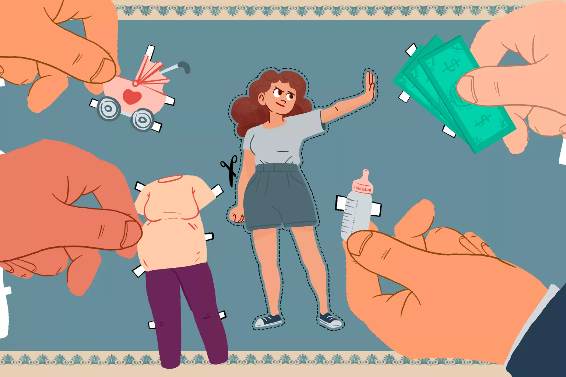 Ilustraci&oacute;n de una chica  rechazando unos billetes y con elementos vinculados al embarazo alrededor