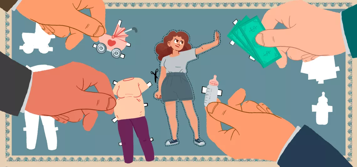 Ilustraci&oacute;n de una chica  rechazando unos billetes y con elementos vinculados al embarazo alrededor