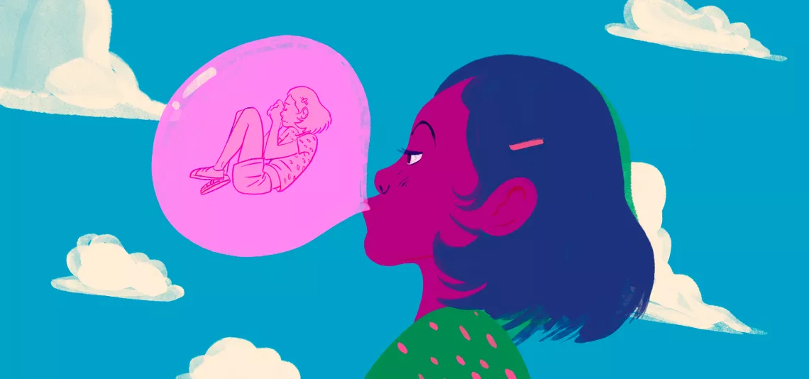Ilustraci&oacute;n de una chica que hace un globo con un chicle donde se la ve angustiada.
