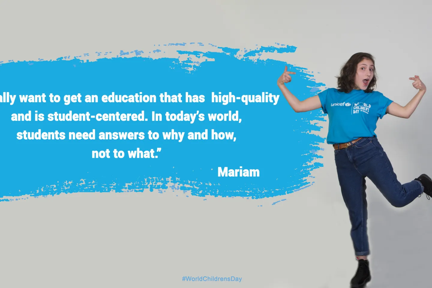 Mariam in UNICEF cyan t-shirt is pointing herself and in the left there is a cyan cloud with quote from her talk.