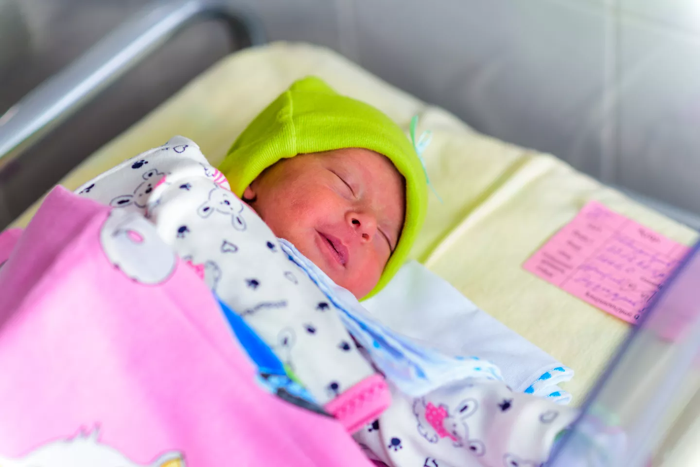 A newborn is sleeping in an incubator. 
