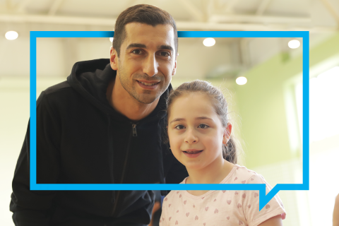 Mariam and Henrikh Mkhitaryan is posing in the backstage after participating in the filming of a very important video promoting equal opportunities for every child.