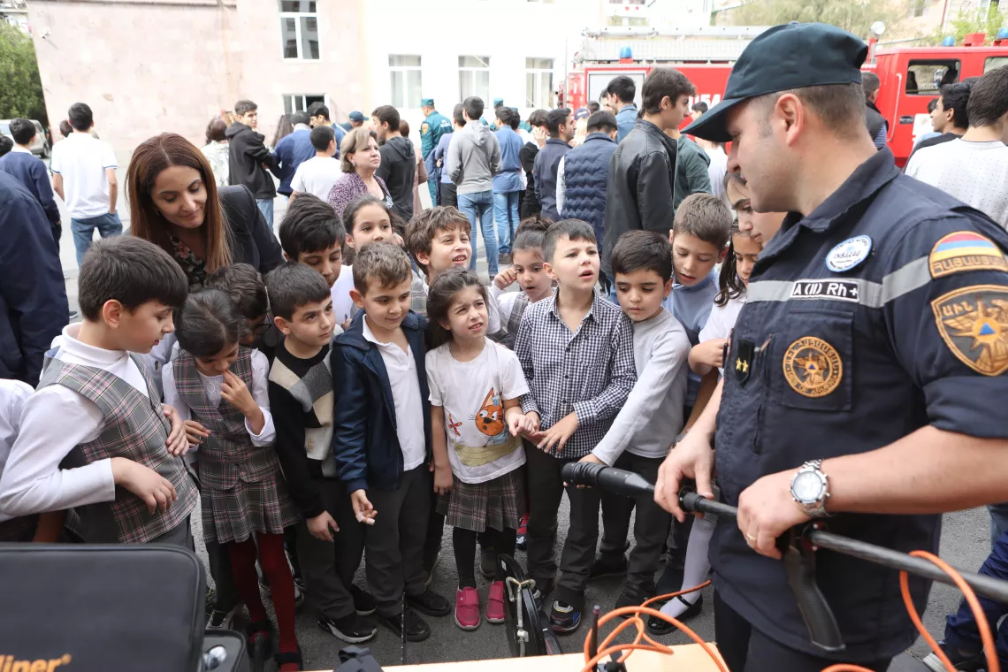 Children and adolescents in Yerevan schools mark the International Disaster Risk Reduction Day with an all-school preparedness drill.