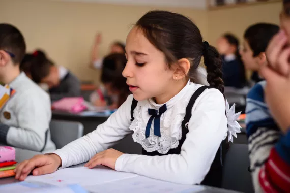 A girl during the English language class in inclusive school in Yerevan.