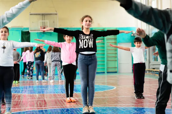 Children during a physical education class in a gym of the Inclusive School No. 162 in Yerevan, Armenia.