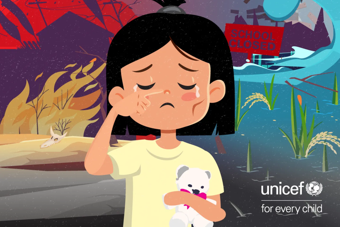 A social media card showing the climate crisis behind a sick, sad, hungry child being affected by it