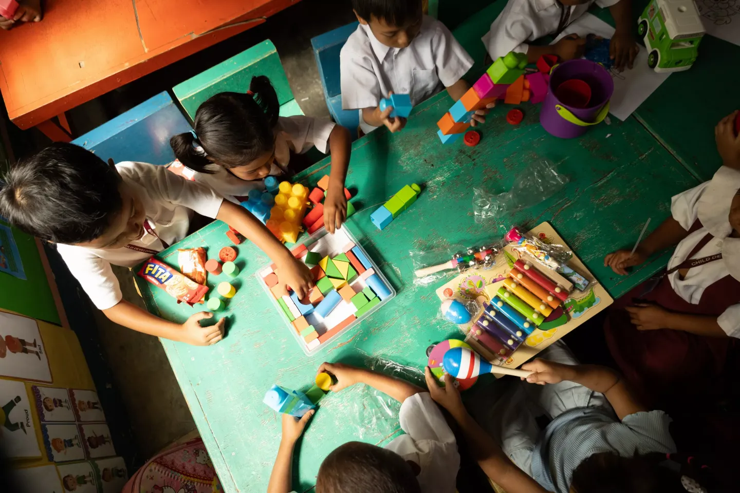Children with and without disabilities play with a disability inclusive ECD kit in the Mindanao region of the Philippines. 