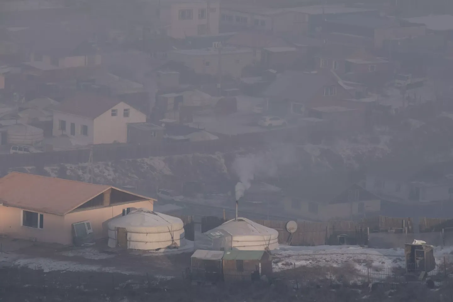 Ulaanbaatar city covered in smog. Air pollution in Ulaanbaatar ranks among the worst in the world during the winter months, when the city heavily depends on coal burning for heating. During this time, air quality levels frequently spike, sometimes exceeding 500 on the Air Quality Index (AQI)&mdash;a level categorized as hazardous to health