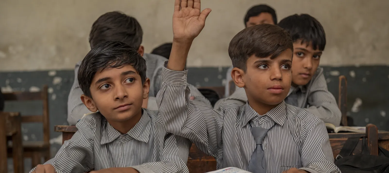 A boy raises his hand in class