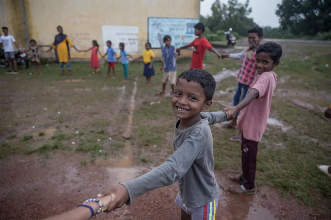 Children during their outdoor activity outside the Child Safe Space