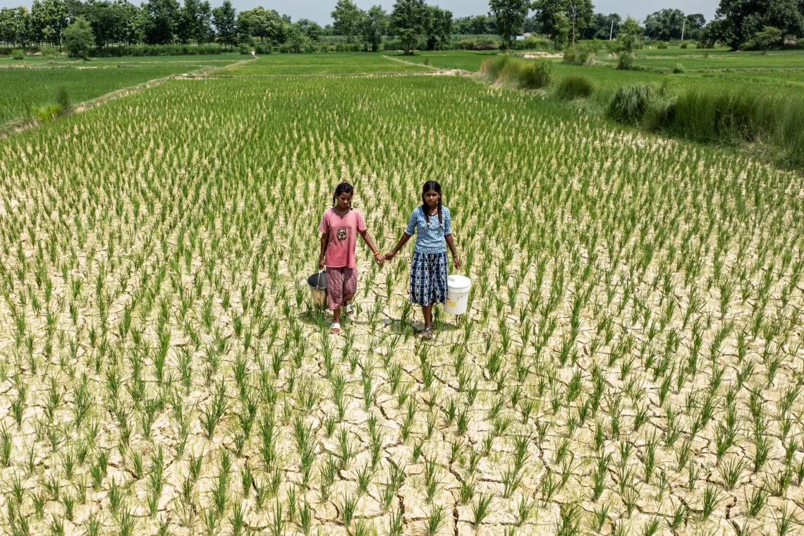 children carrying through fields with dried, cracked earth