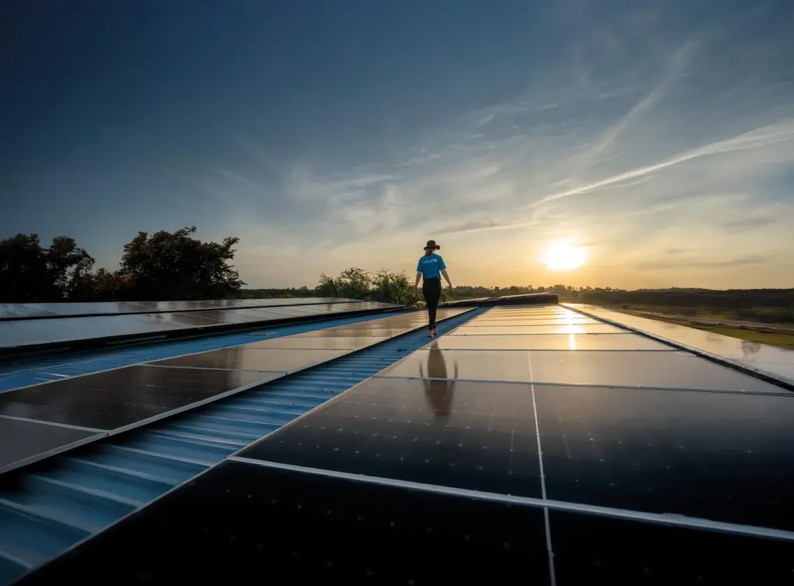 A person walks along an array of solar panels as the sun rises.