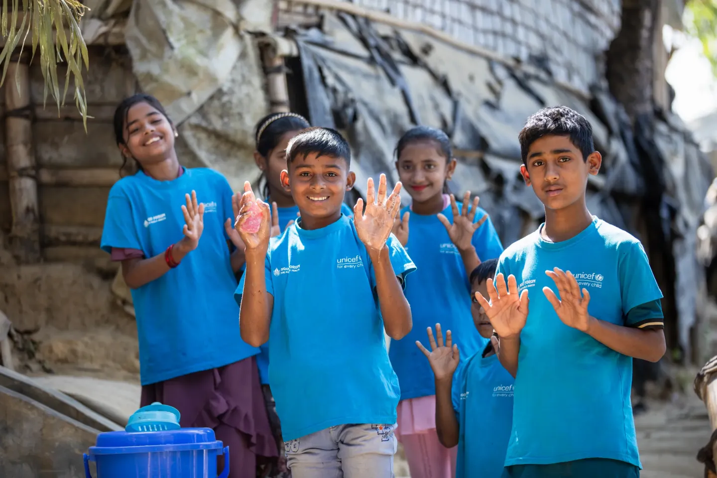 Arafat (with soap in his hands), 11, and his friends in the Child Leaders&rsquo; Group demonstrate handwashing techniques in the Rohingya refugee camps in Cox&rsquo;s Bazar. 