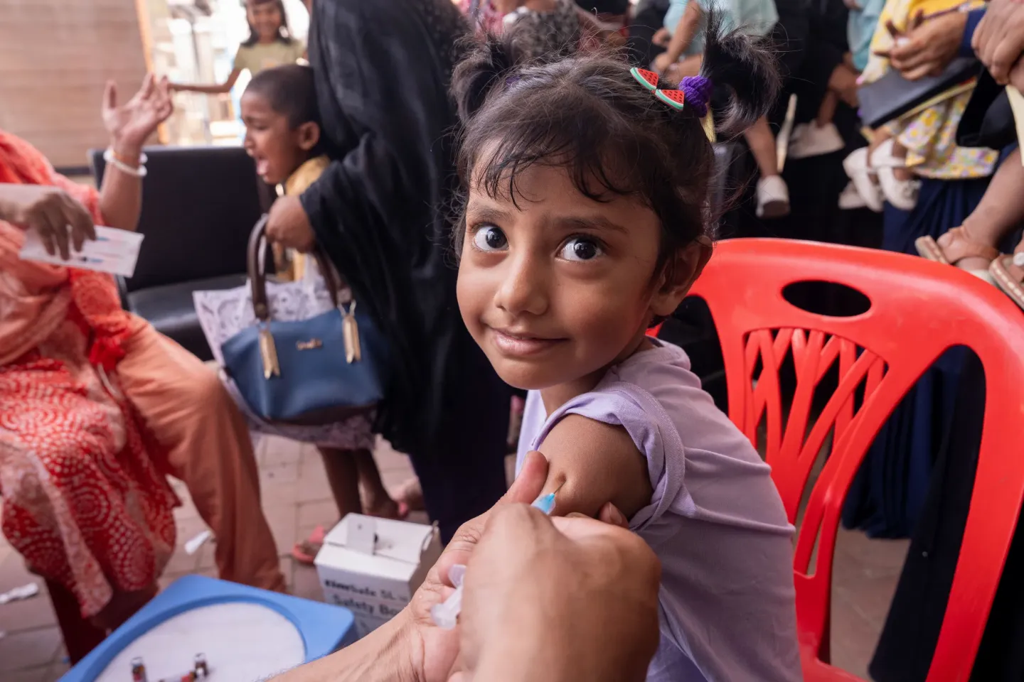 A child receives measles-rubella vaccine at a vaccination centre in Cox&rsquo;s Bazar on 5 April 2026. &copy; UNICEF Bangladesh/2026