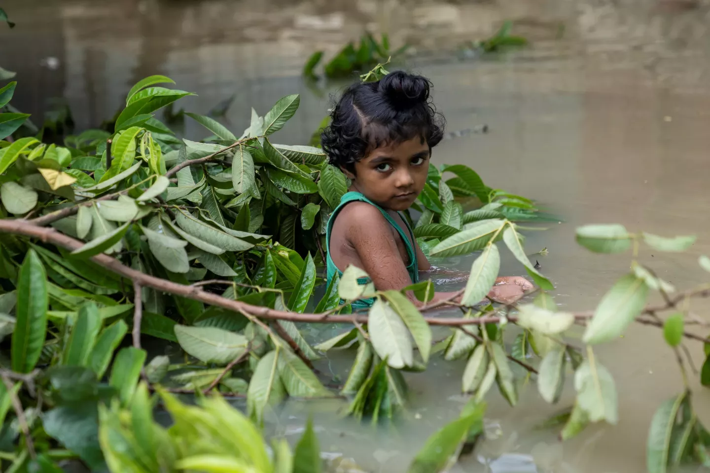 Five-year-old Samia is displaced from her flooded home.