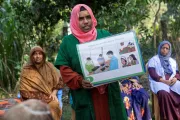 Community healthcare provider Asma Akter conducting an engaging community session in Tangail to educate local women about lead poisoning.