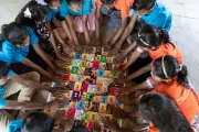 Members of the Child Leaders Group play the hygiene dice game in the Rohingya refugee camps.